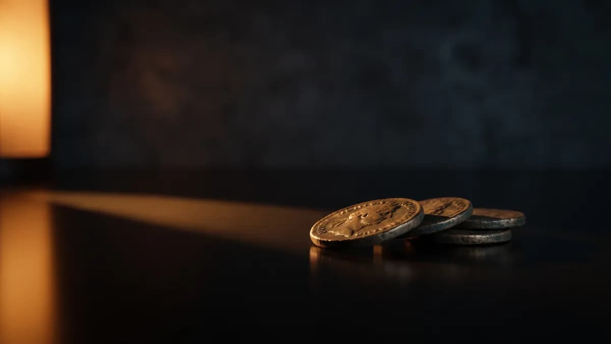 A short stack of coins casting a long shadow across a dark surface under a single warm light, cinematic photorealism, shallow depth of field