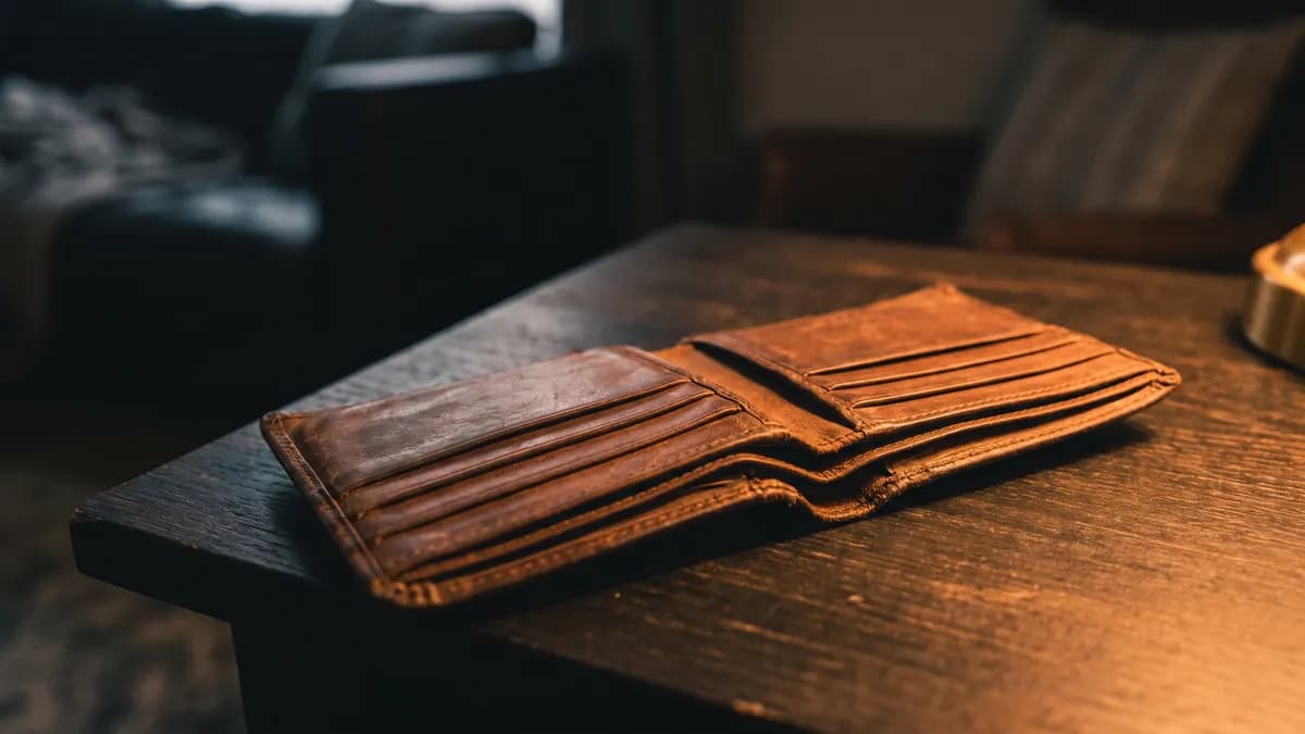 A worn leather wallet lying open and empty on a wooden table lit by a low warm amber light, dark background, cinematic photorealism