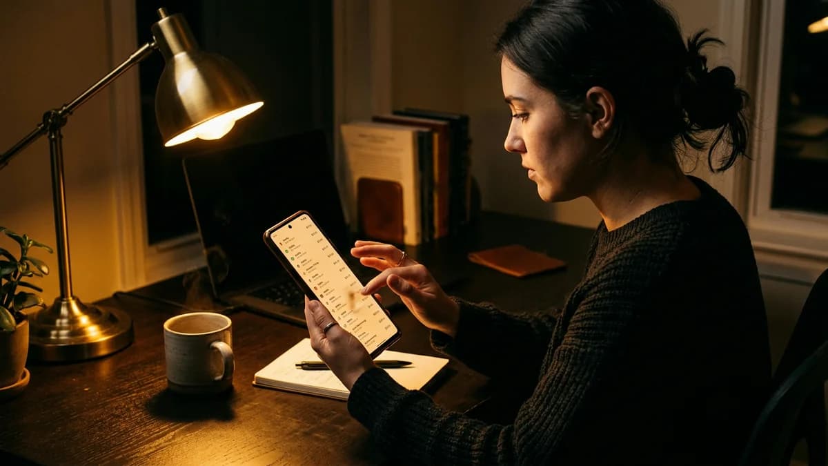 A person scrolling a long list of small recurring purchases on a phone, thumb mid-swipe, warm lamp light at a desk