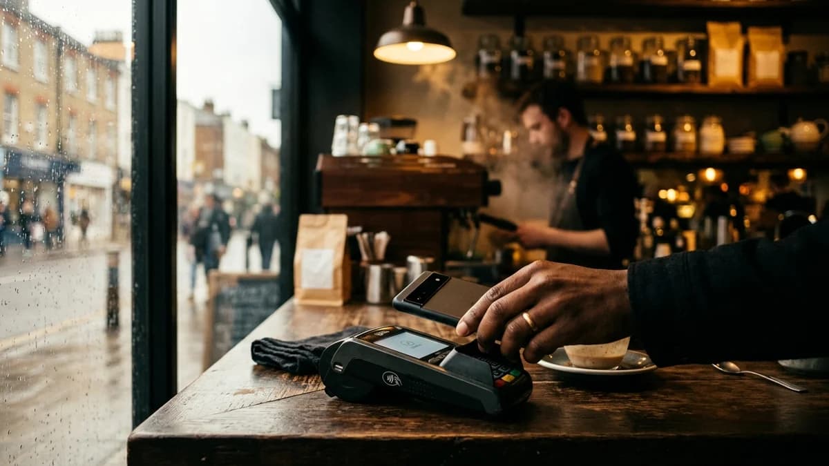 A coffee shop card reader on a counter with a phone held above it, soft daylight through a storefront window