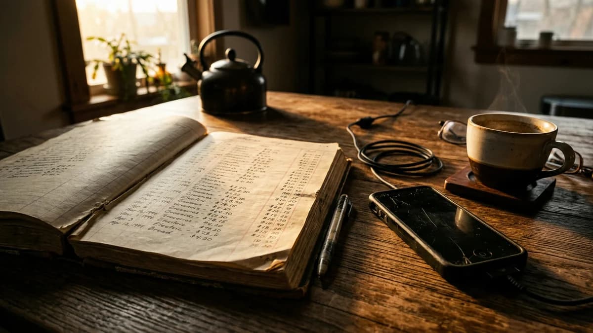 A paper ledger of small dated entries beside a phone on a kitchen table, early morning light across the page, photorealistic