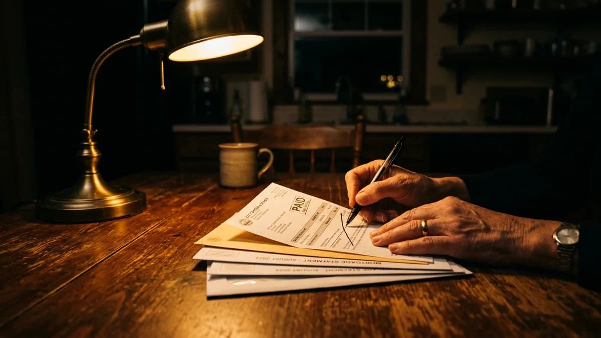 A hand crossing a paid bill off a short stack of statements at a kitchen table under a warm desk lamp, deep shadows, cinematic photorealism