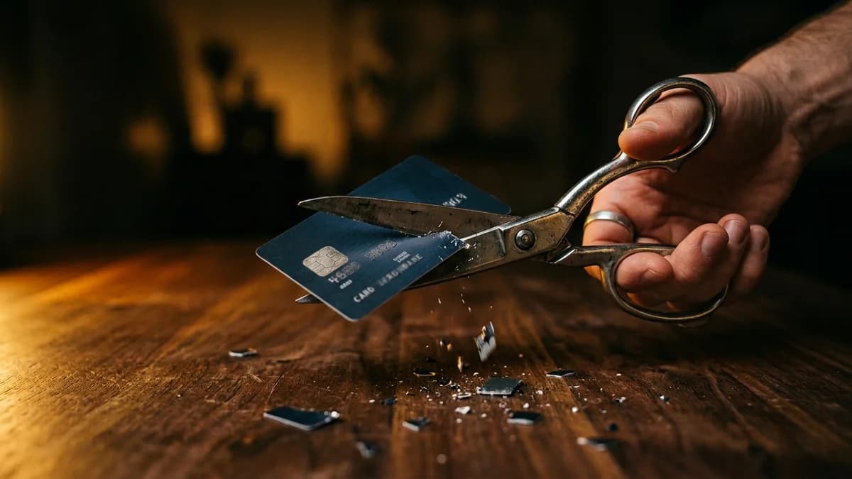 A pair of scissors cutting a credit card in half over a dark wooden table, dramatic warm side lighting, shallow depth of field, cinematic photorealism