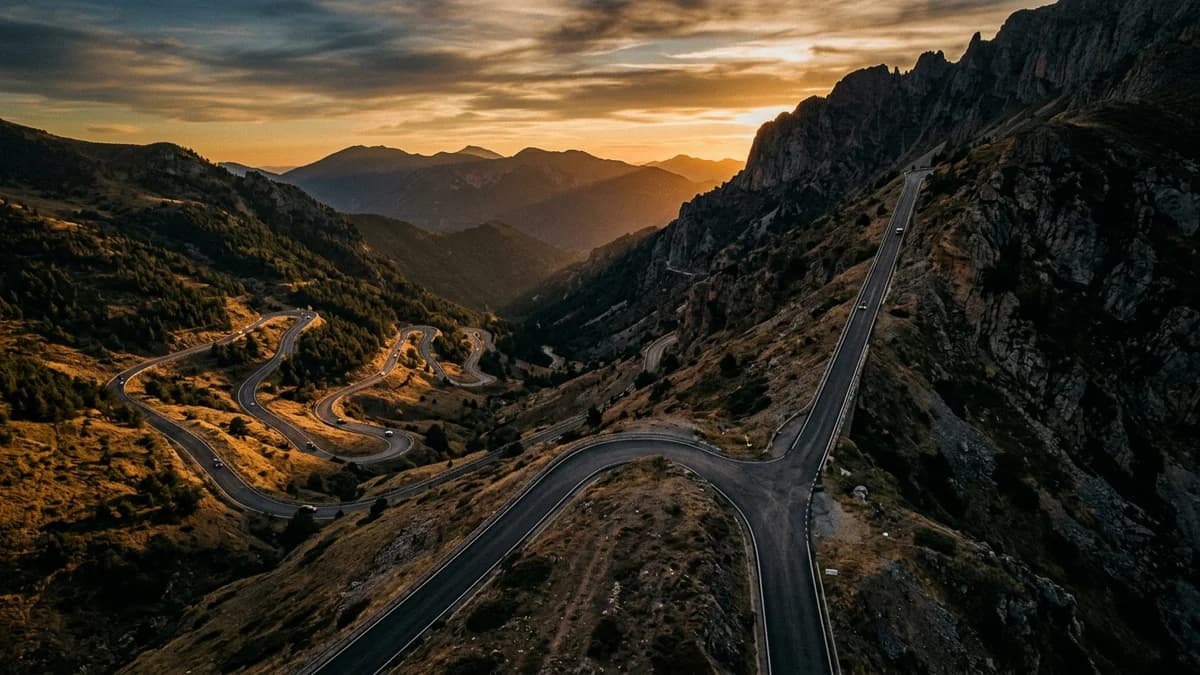 Two mountain roads diverging in golden evening light seen from above, one steep and direct, one winding through gentle switchbacks, cinematic photorealism