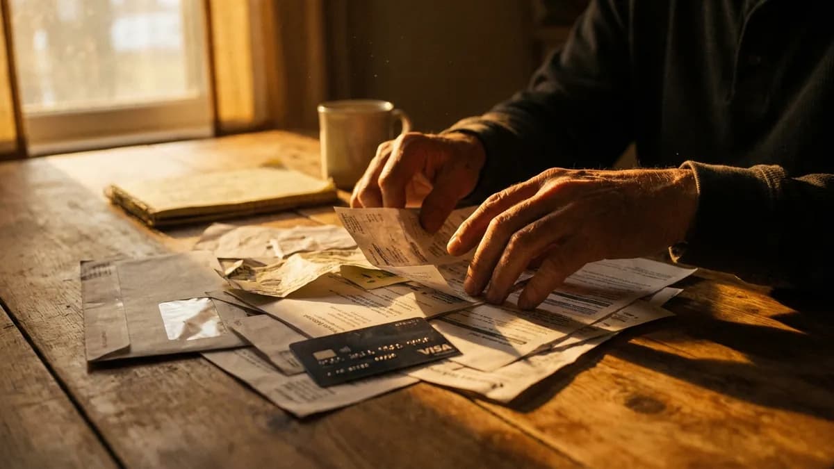 Close-up of hands sorting through a stack of bills and statements on a wooden table, warm amber side lighting