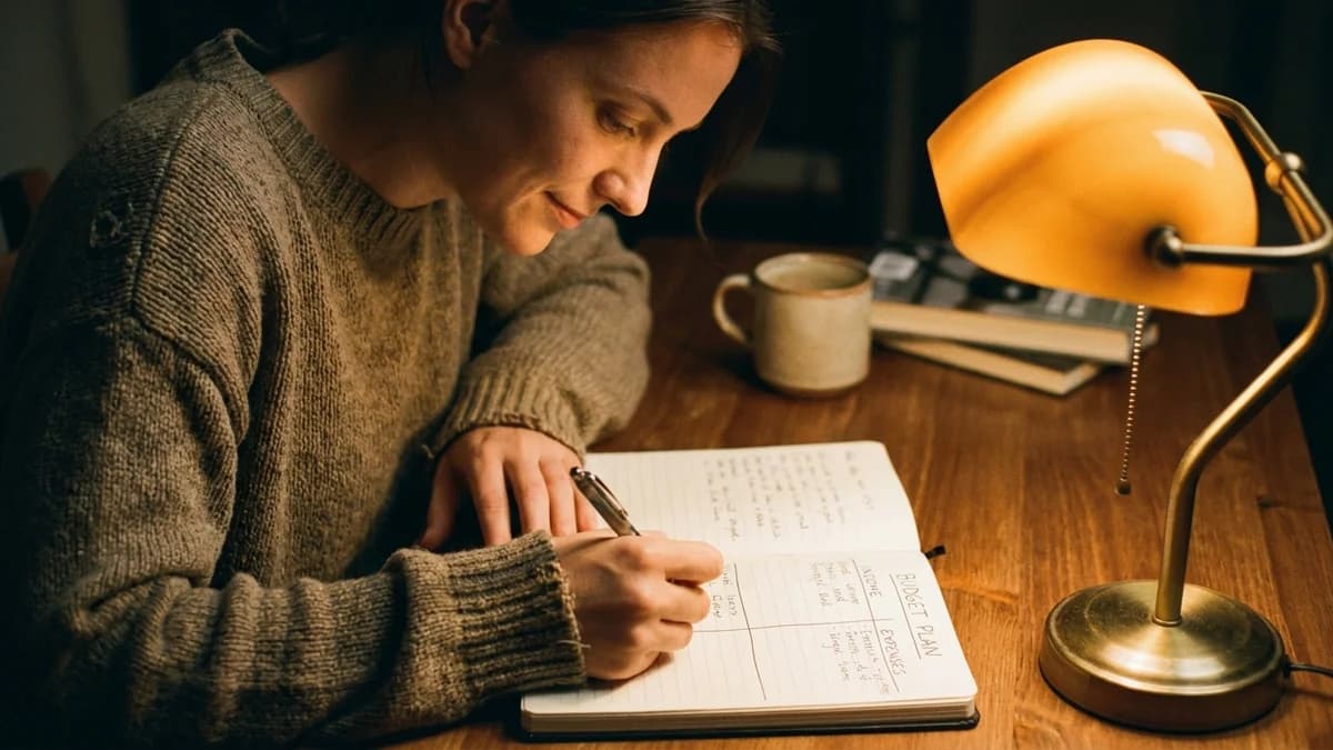 Person writing in a notebook with a simple budget plan, calm determined expression, warm desk lamp light