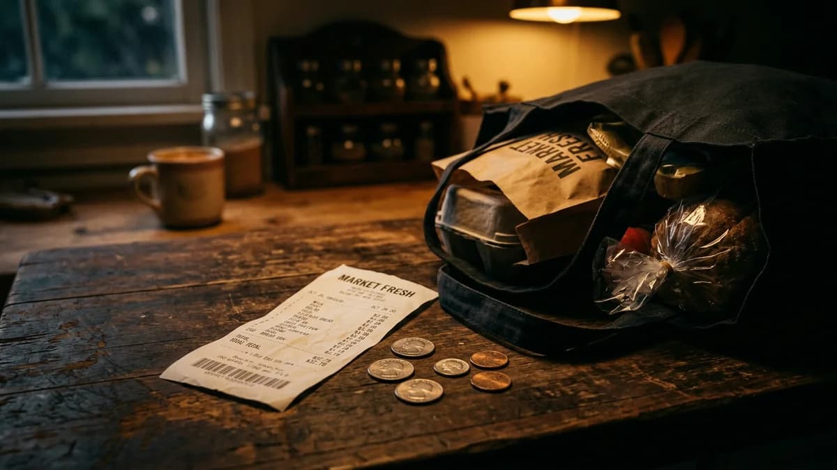 Grocery receipt and a few coins on a worn countertop beside a bag of store-brand groceries, warm low light
