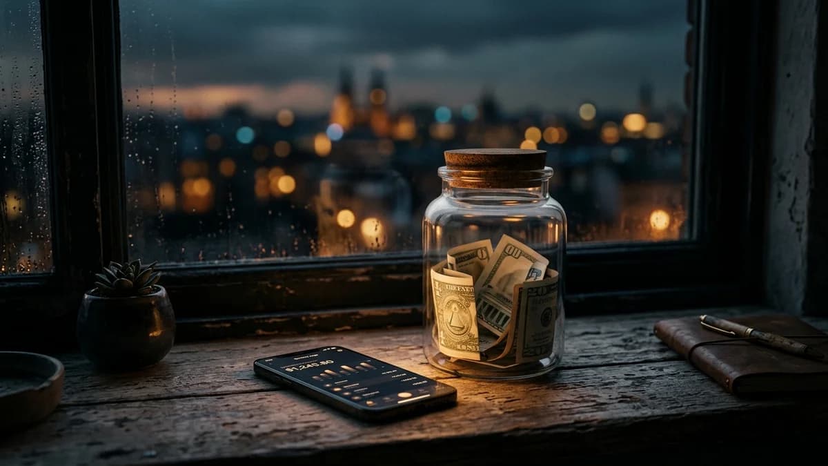 Glass jar holding a few folded bills on a windowsill at dusk, a phone banking app glowing beside it