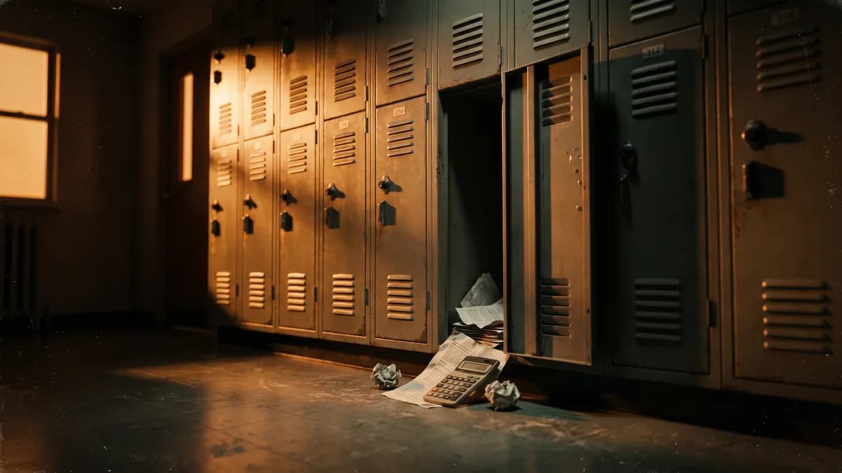 A row of high school lockers in a dimly lit hallway with one locker door open revealing scattered papers and a calculator inside, warm amber side light, cinematic photorealism