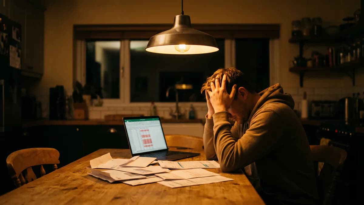 A young person sitting alone at a kitchen table with bills and a laptop, warm overhead light against a dark background, cinematic photorealism
