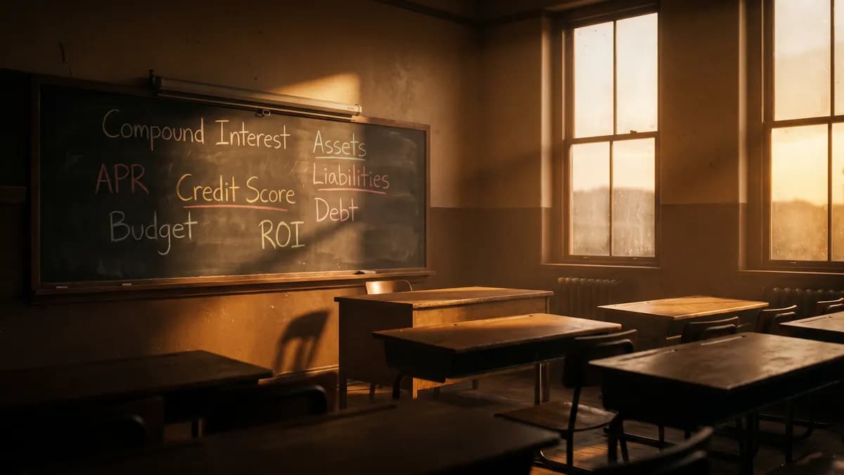 A classroom chalkboard with financial terms written in chalk, golden afternoon light streaming through windows, cinematic photorealism