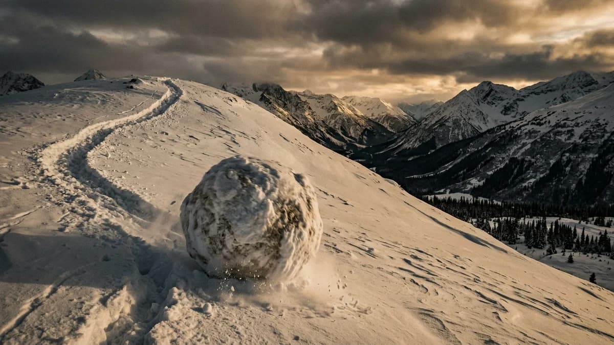 A snowball rolling down a snowy hill growing larger, soft diffused winter light, wide cinematic composition