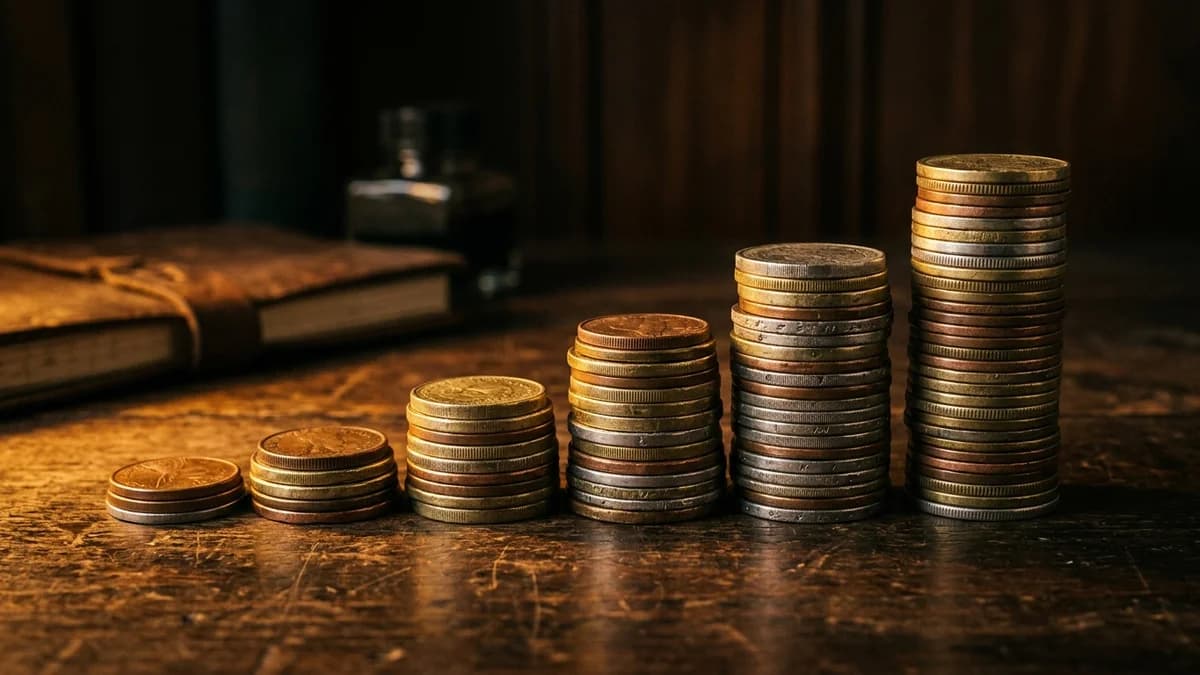 Stack of coins arranged in ascending steps on a dark wooden surface, dramatic warm side lighting