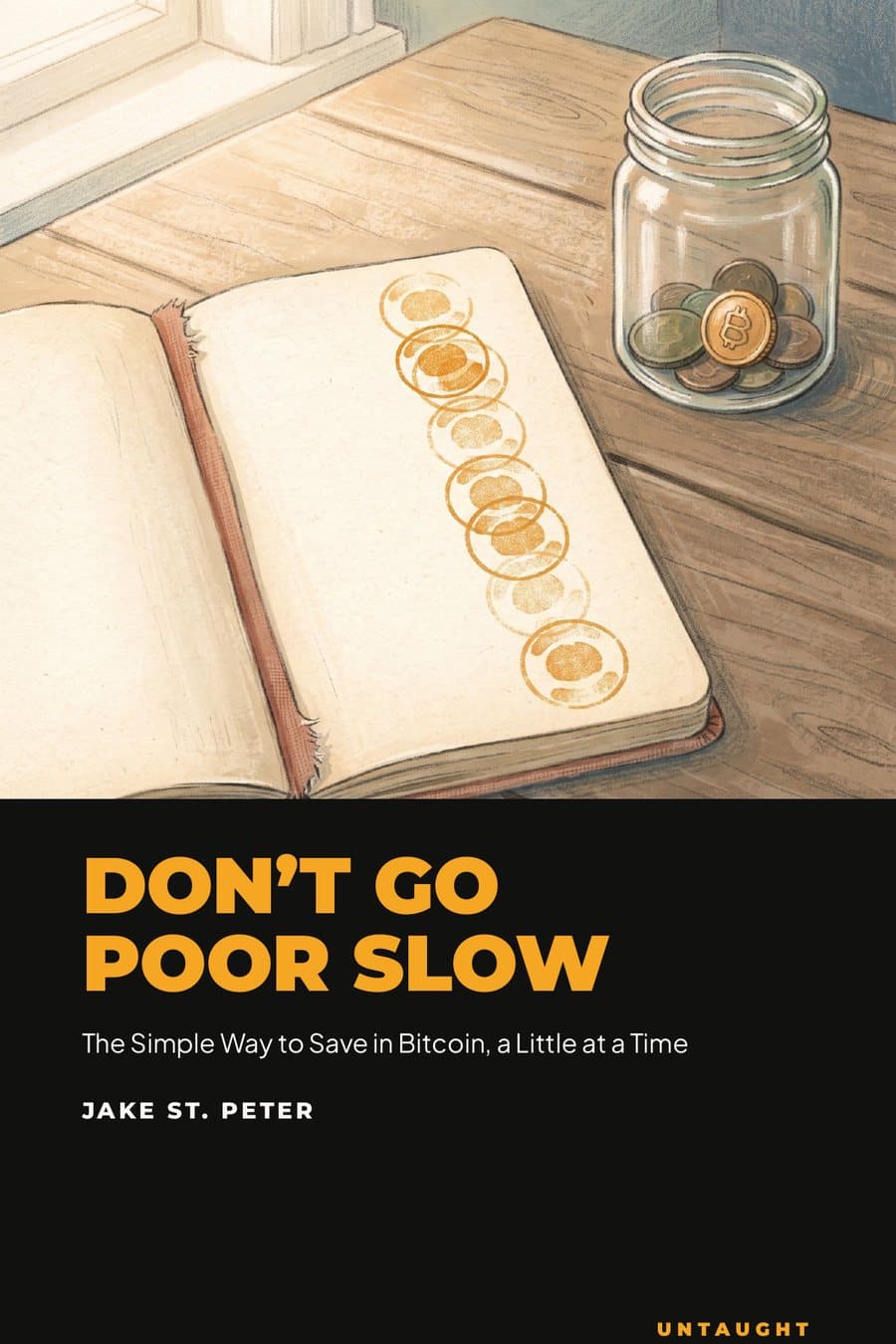 Cover of Don't Go Poor Slow: an open passbook full of stamps beside a jar of coins